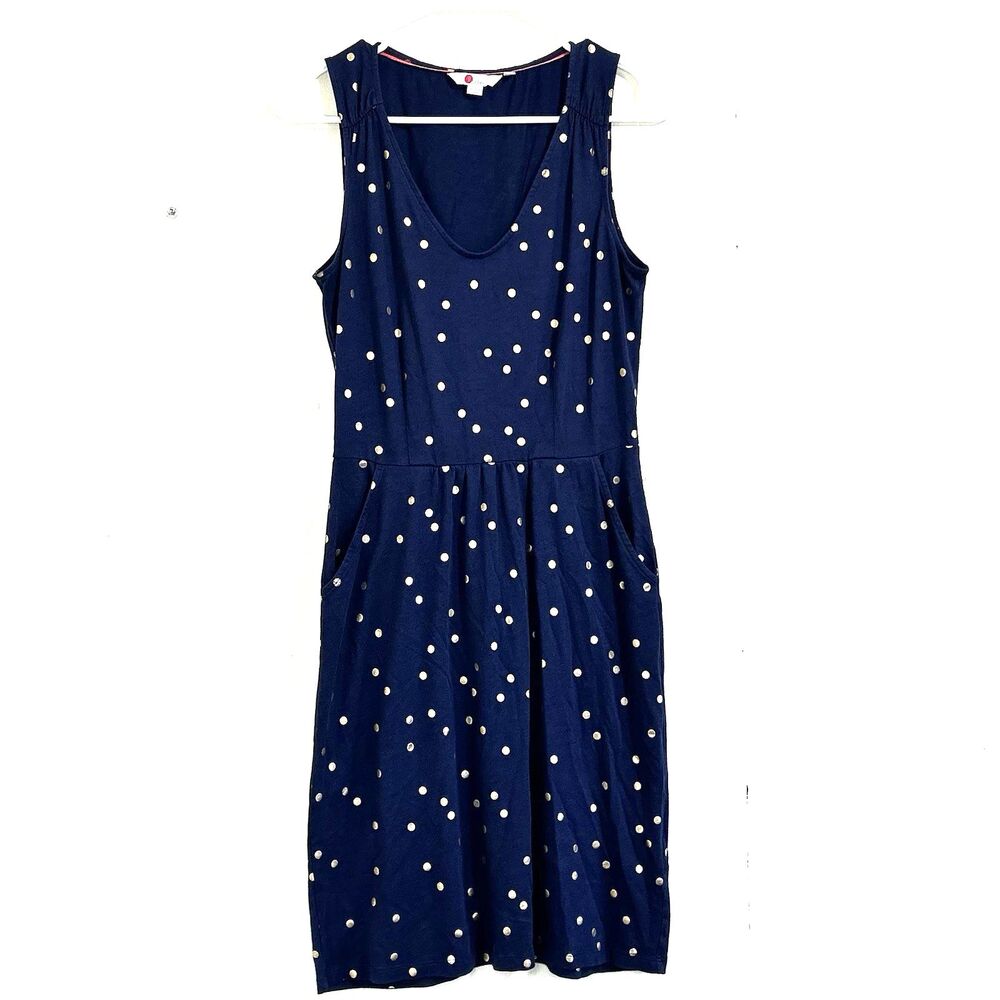 Boden Women's Melinda Jersey Cotton Blend Navy Blue Gold Polka Dot Dress 4